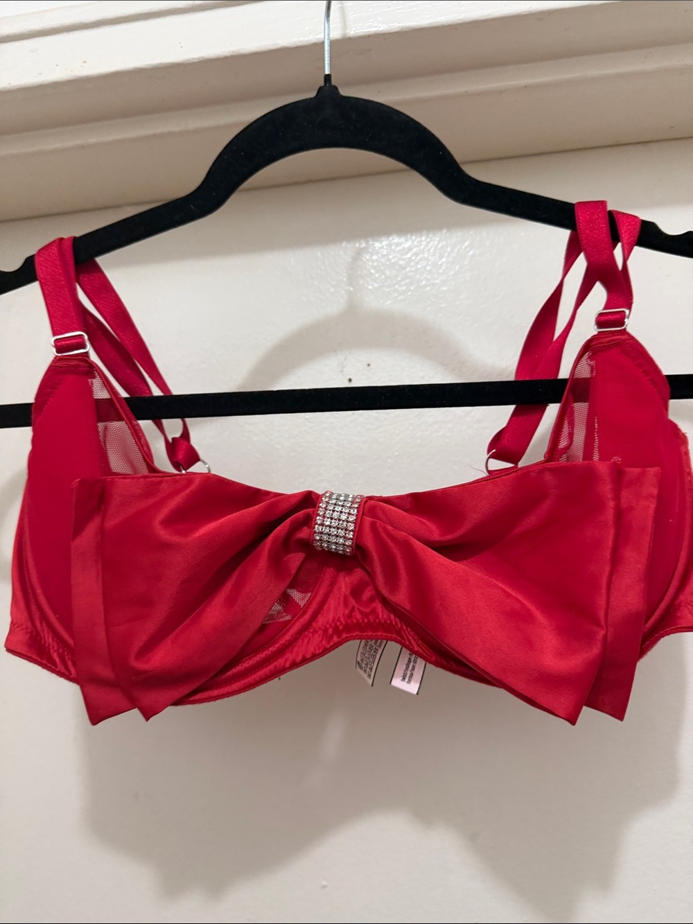 Victoria's Secret Red Satin Bow Bra with Rhinestone Center
